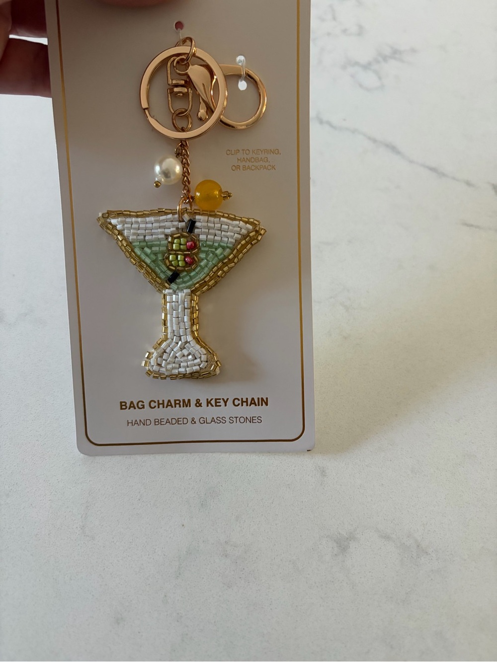 Anthropologie Gold and Green Beaded Martini Bag Charm & Key Chain
